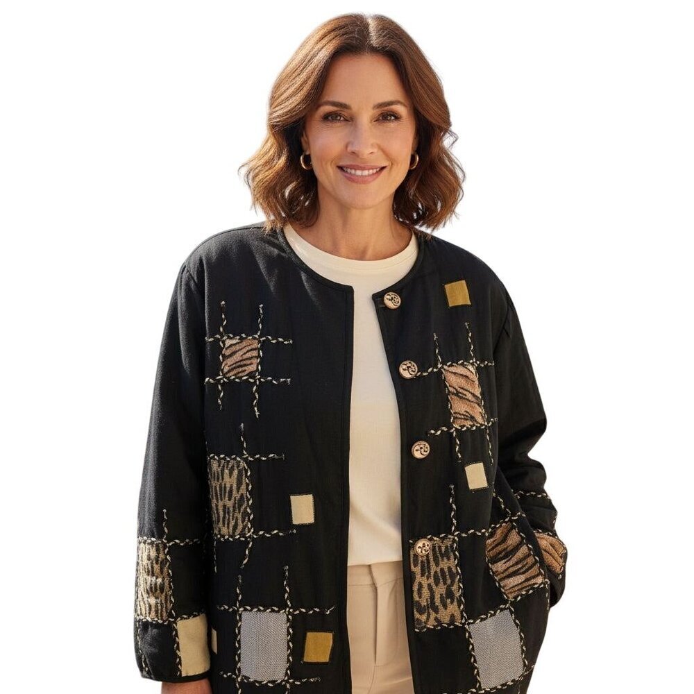 Earth Sea & Sky Vintage Linen Blend Mixed Media Black Animal Print Jacket Size1X
